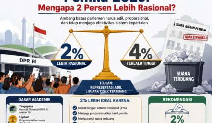 Infografik parliamentary threshold Pemilu 2029 yang membandingkan ambang batas parlemen 2 persen dan 4 persen.